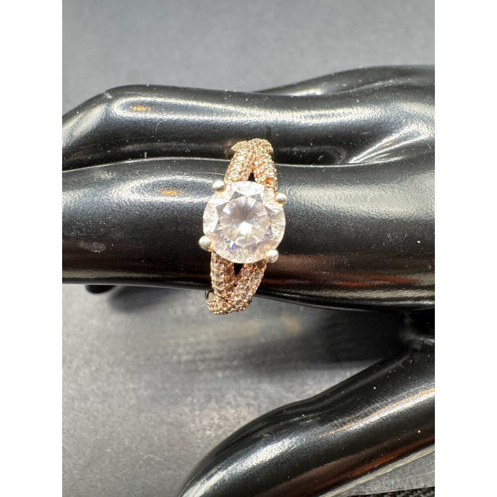 Vintage 925 Sterling Silver Gold Tone Halo CZ Engagement Ring Split Shank Sz 8